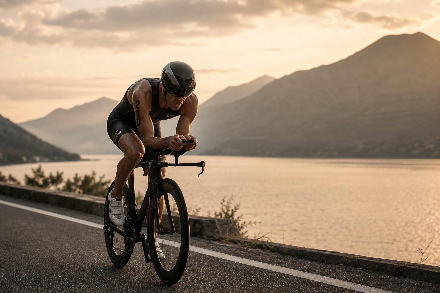 Un triathlète à vélo au bord d’un lac au crépuscule
